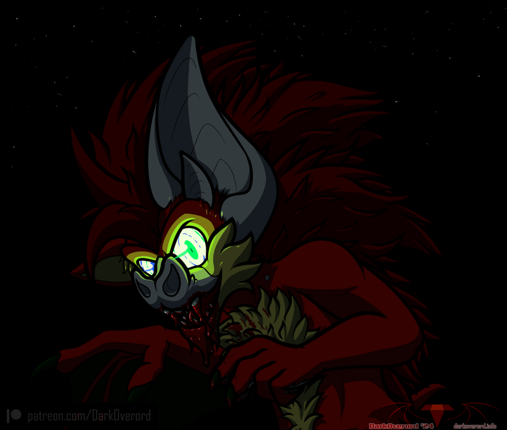 A partially transformed vampire hedgehog/bat looking at the viewer with bright glowing eyes while the rest of them is barely visible Blood drips from their fangs with a mess of blood over its chin, splattering a little on it's chest