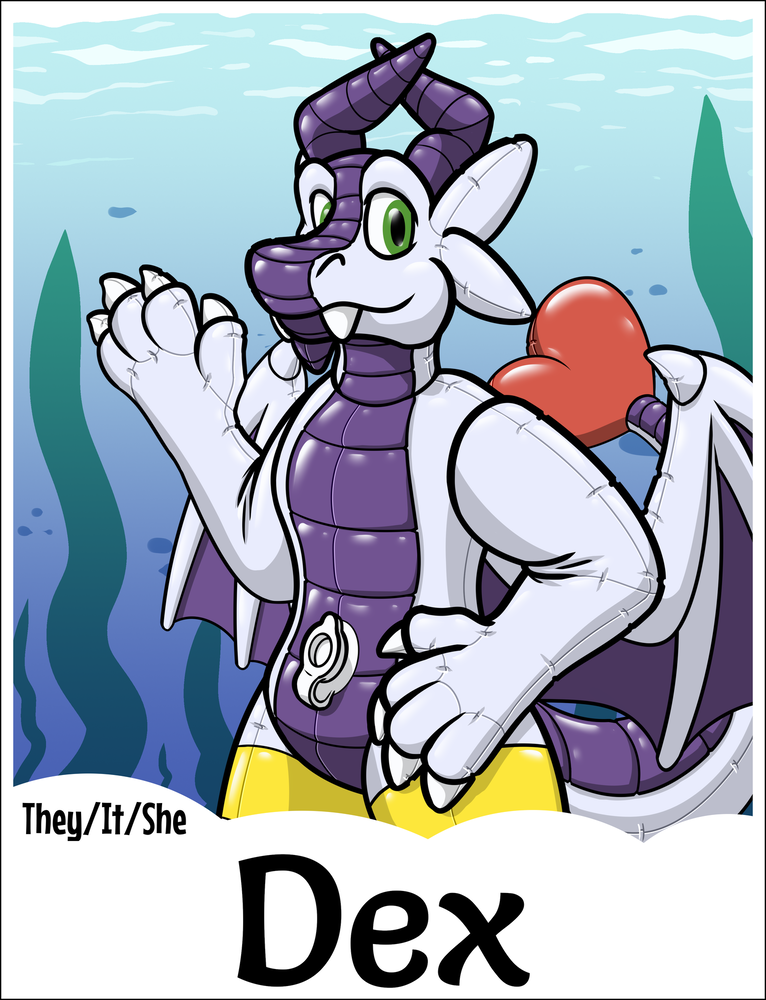 Dex, as a pooltoy dragon, waving at the viewer