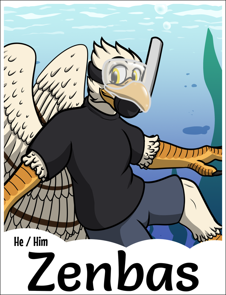A con badge for Zenbas of their eagle self swimming underwater with a snorkel on!