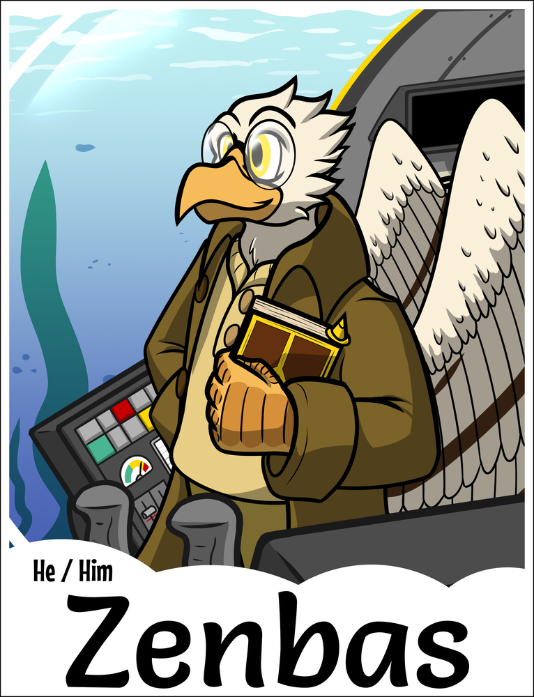 A con badge for Zenbas of their eagle stood in a submersable's cockpit, looking out the window while they're dressed like Milo Thatch from Disney's Atlantis