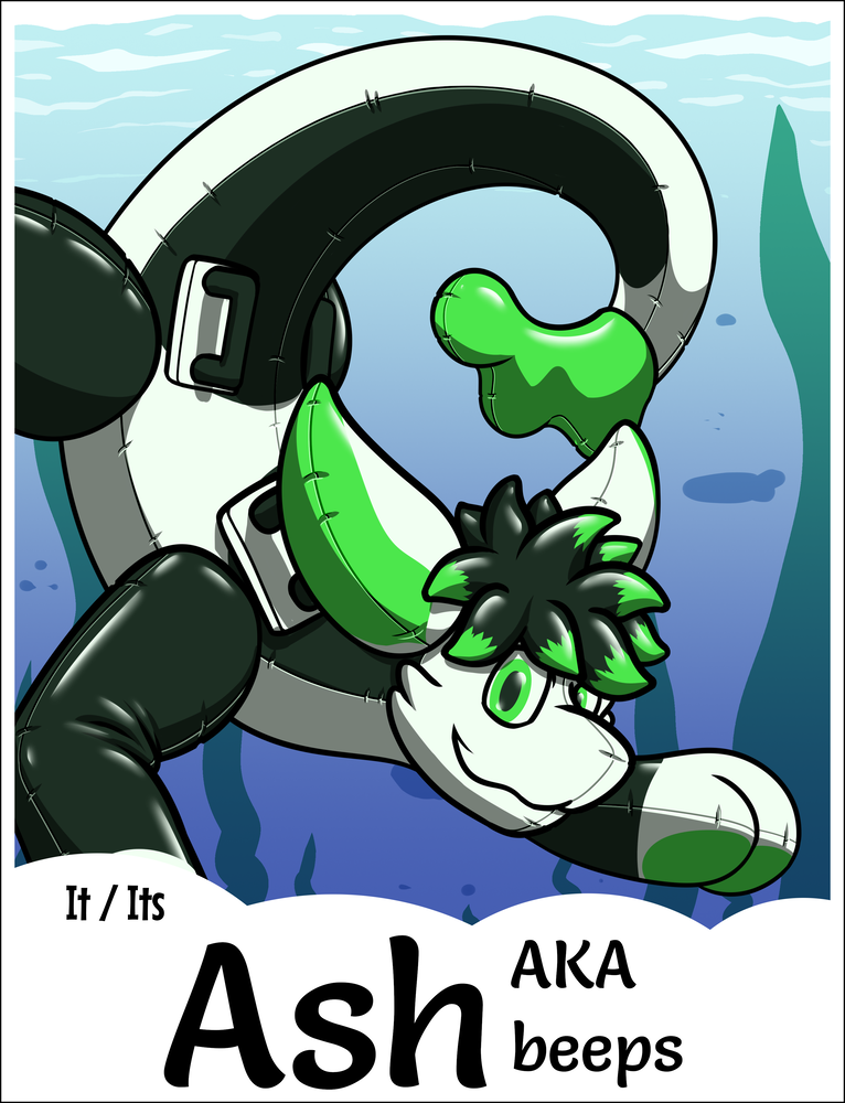 A con badge for Ash (AKA beeps) of it as a pooltoy swimming underwater!