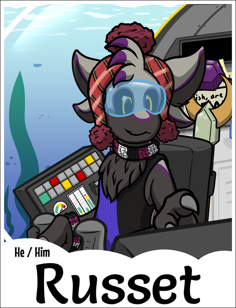 A con badge for Russet of Seinu, in the form of an Avali, piloting a sub and looking over the controls
