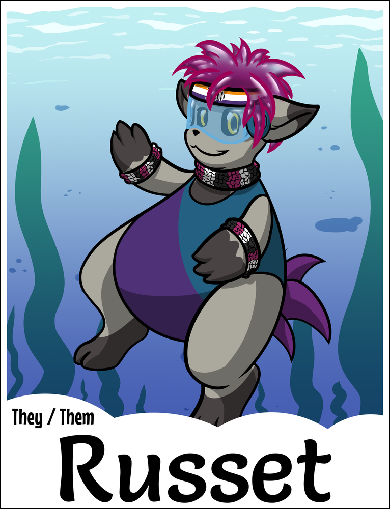A con badge for Russet of Seinu, in the form of an Sleriki, swimming around underwater
