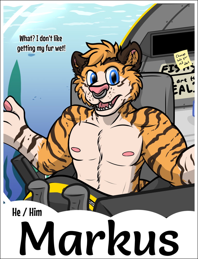 A con badge for Markus of their tiger looking at the viewer with a shrug, a diving suit on their lap, as they just say "What? I don't like getting my fur wet!"