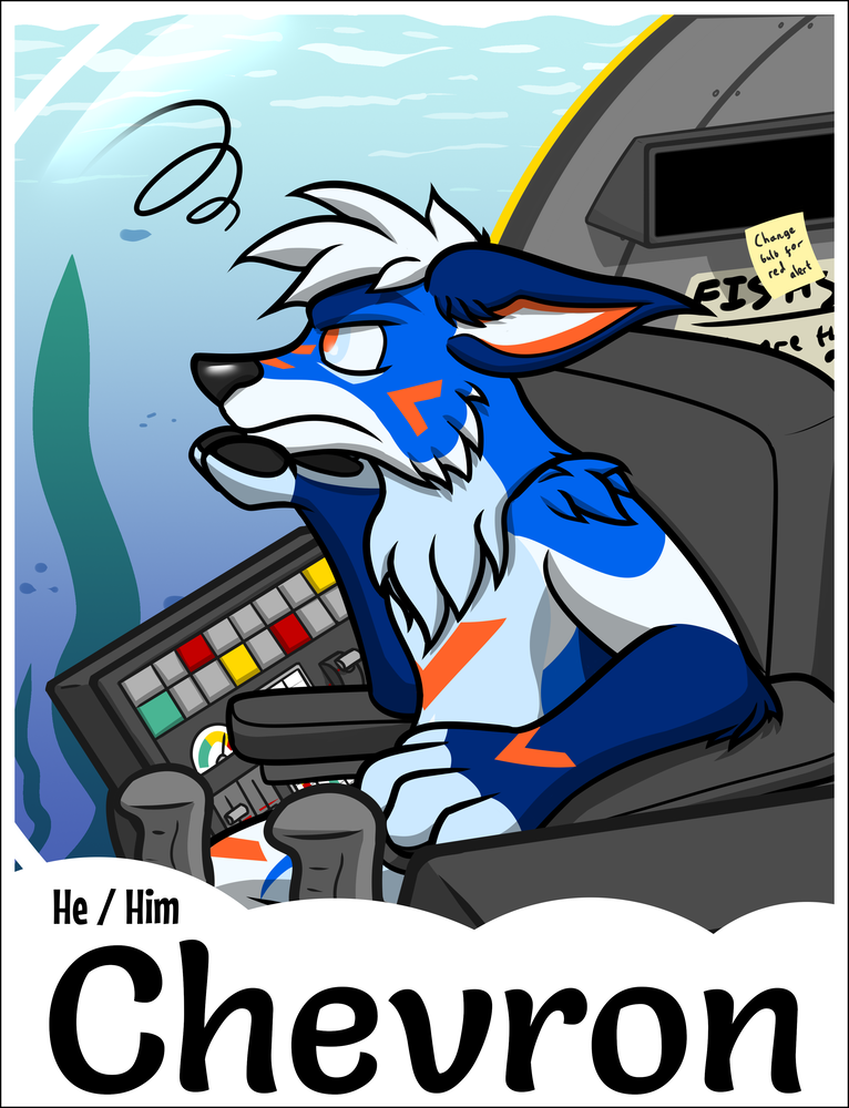 A con badge for Chevron, who is looking very grumpy about piloting a submersible! 