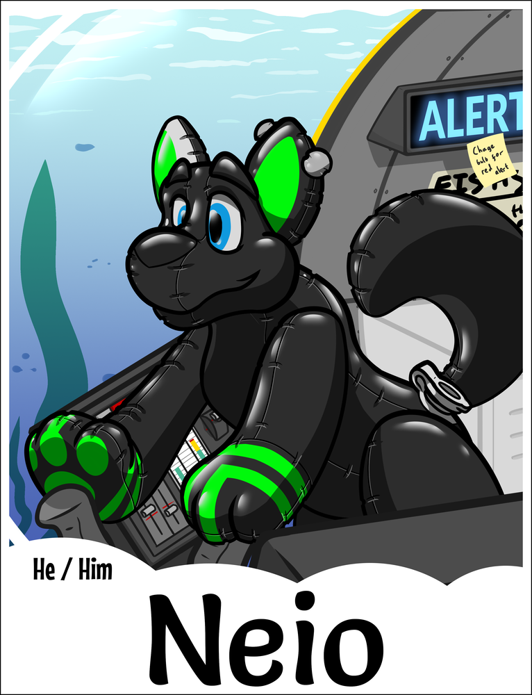 A conbadge for Neio of themselves as a pooltoy dog. They're pushing the control sticks of the sub they're in randomly!