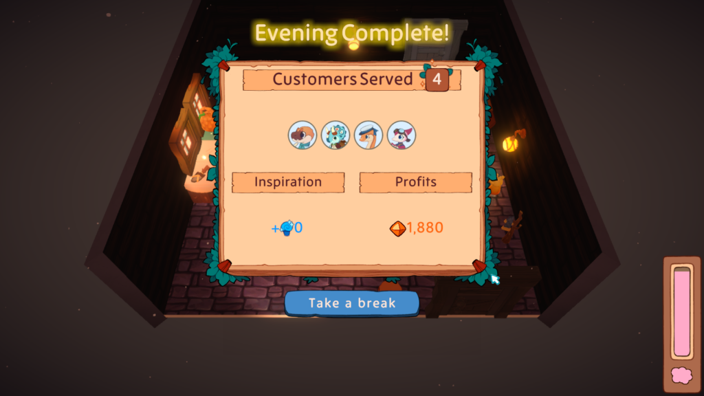 A screenshot of Amber Isle, showing the evening shift results of the shop