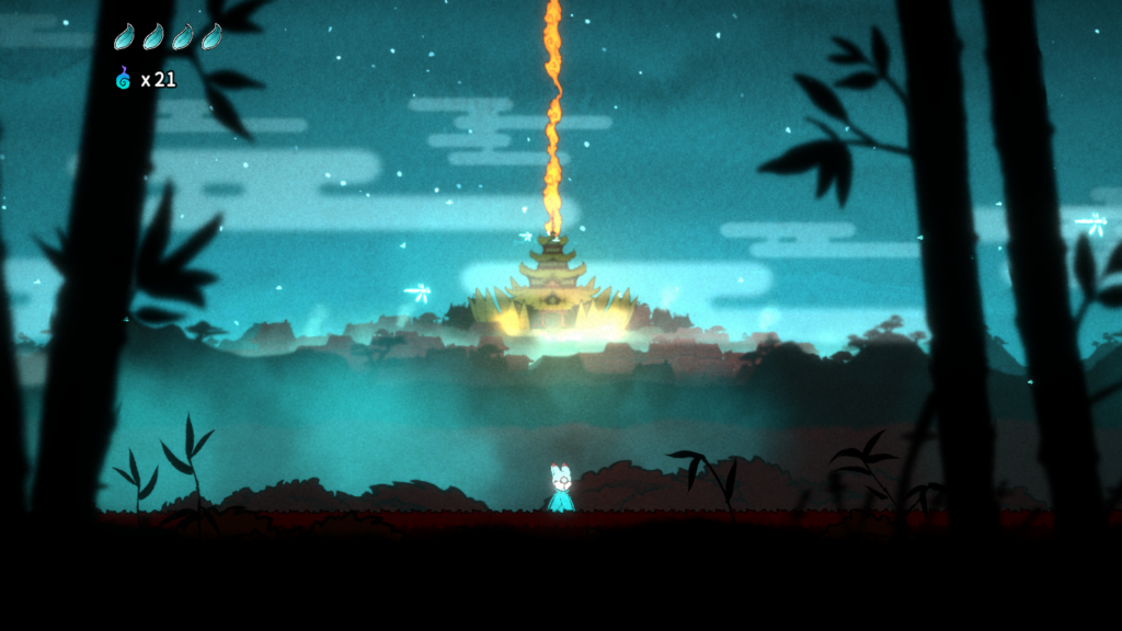 A screenshot of Bō: Path of the Teal Lotus The player stood in a clearing as a castle is seen in the background with some form of column of light coming from it