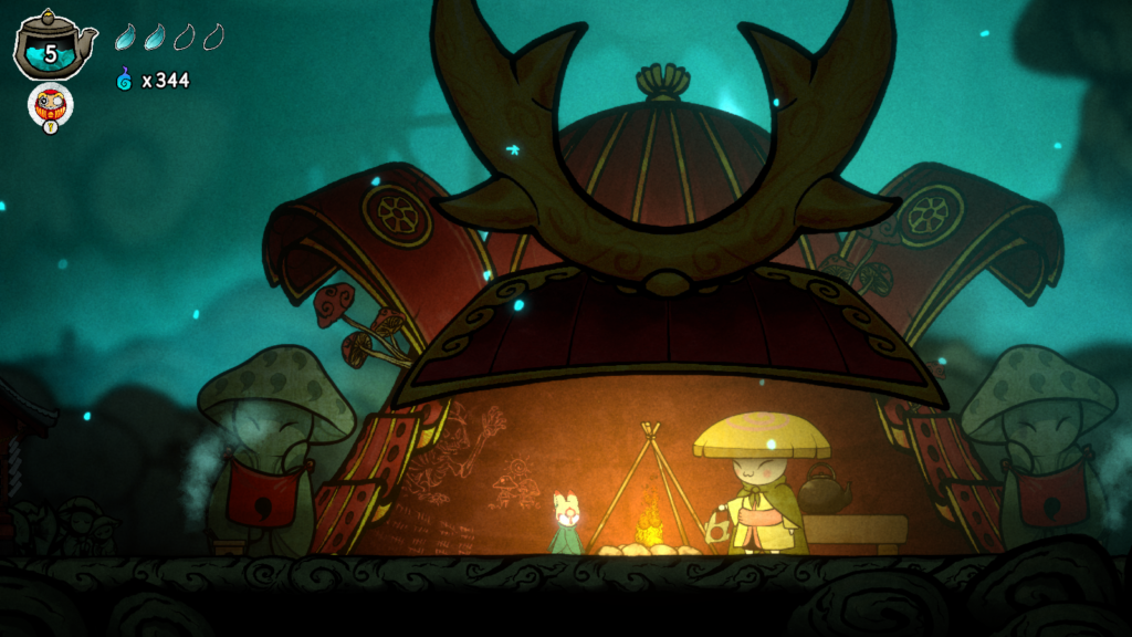 A screenshot of Bō: Path of the Teal Lotus The player stood in by a tent in the shape of a samurai helmet. They're next to a small fire with a happy hat wearing NPC on the other side of the fire