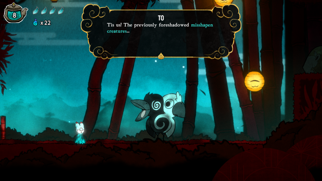 A screenshot of Bō: Path of the Teal Lotus The player stood talking to a two headed crow like creature, the spiral eyed black head, To, speaking to the player saying "Tis us! The previously foreshadowed misshapen creatures..."