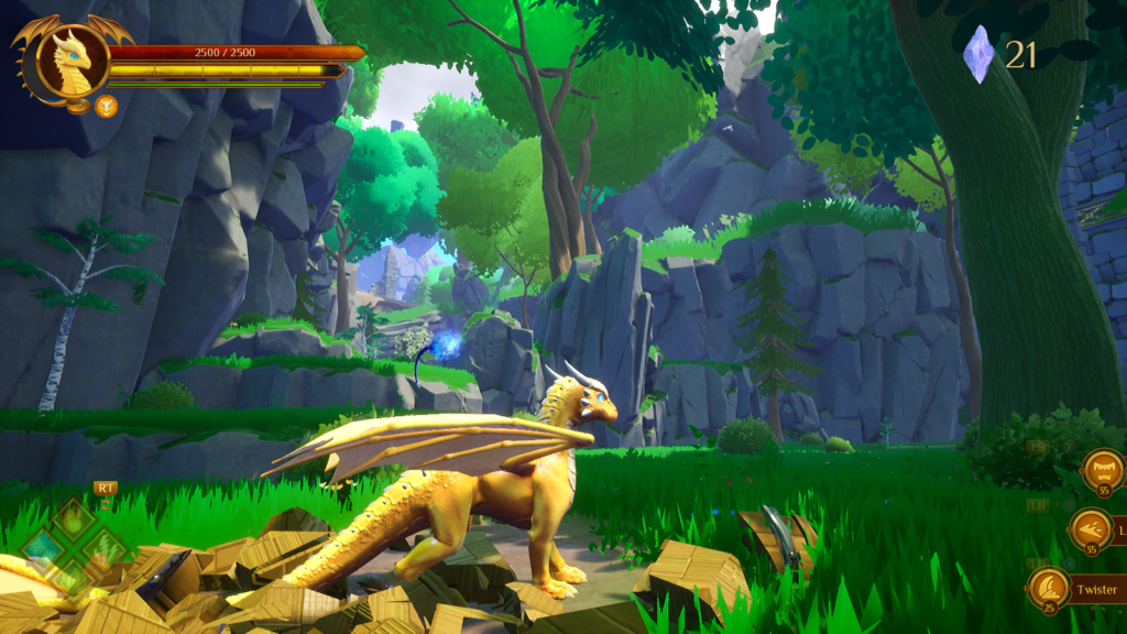 Screenshot of Glyde the Dragon, featuring the UI and some broken crates as the player looks around the area
