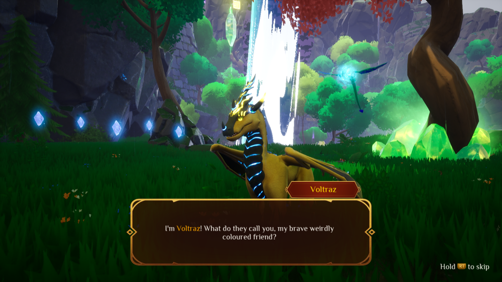 Screenshot of Glyde the Dragon, featuring dialogue with one of the NPC dragons, Voltraz