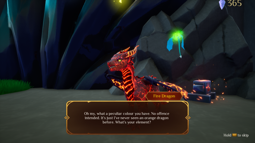 Screenshot of Glyde the Dragon, featuring dialogue with one of the NPC dragons, Chari, but named here as "Fire Dragon"