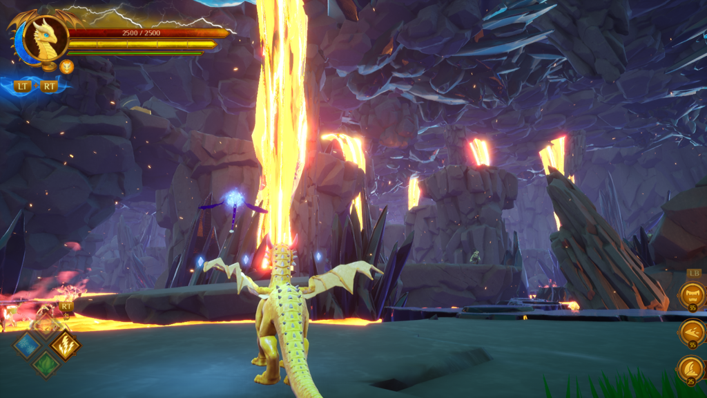 Screenshot of Glyde the Dragon, the player looking out in to a sprawling underground cave with lava and crystals