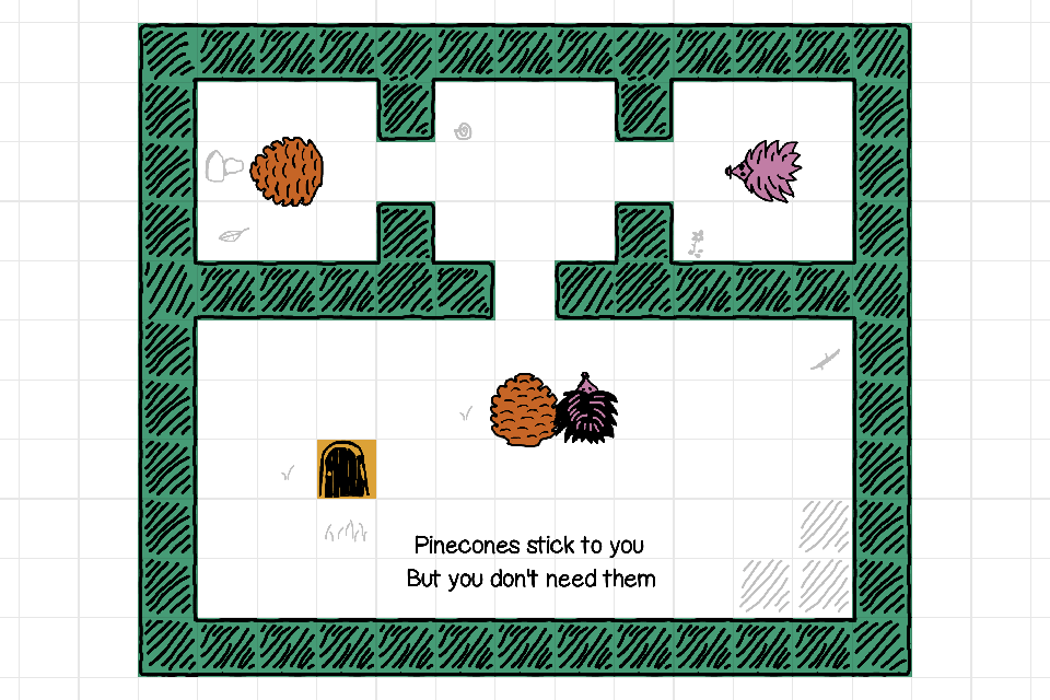 A screenshot of Prickle in the first autumn stage introducing pinecones