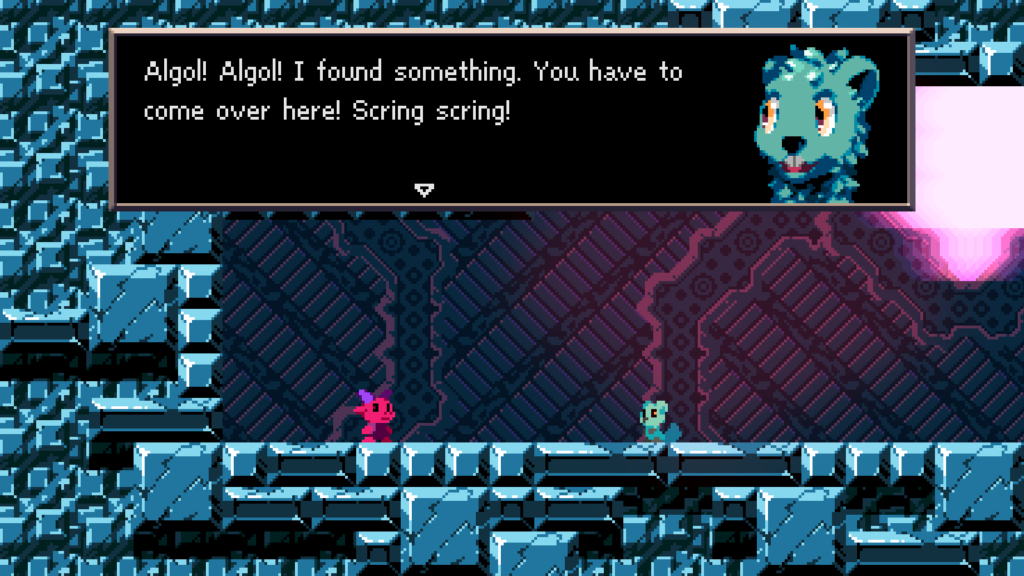 A screenshot of Stardust Demon, of a green creature speaking the the player character saying "Algol! Algol! I found something. You have to come over here! Scring scring!"