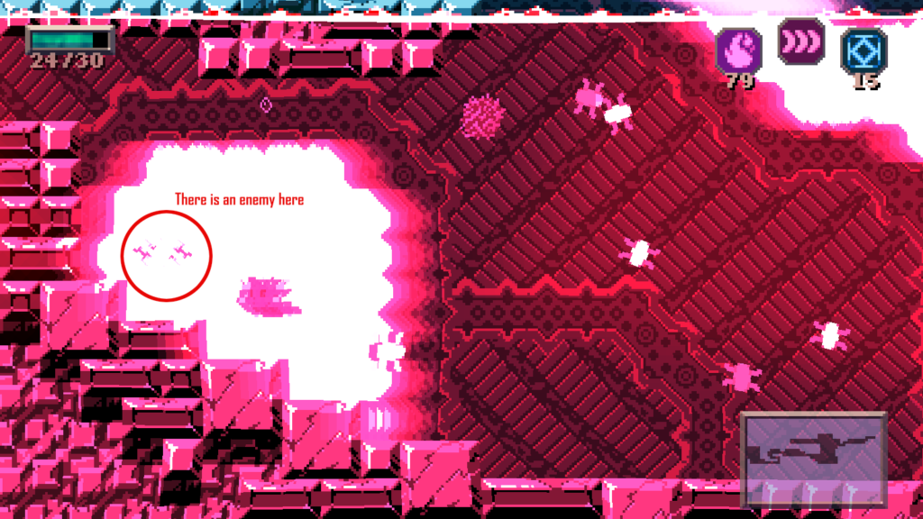 A screenshot of Stardust Demon, there is a red circle around a barely visible enemy against a glowing white background. Text by the circle says "There is an enemy here"