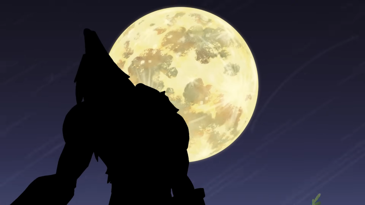 A screenshot of the announcement trailer of Vampire Survivors: Operation Guns, featuring the silhouette of Brad Fang in front of a full moon.