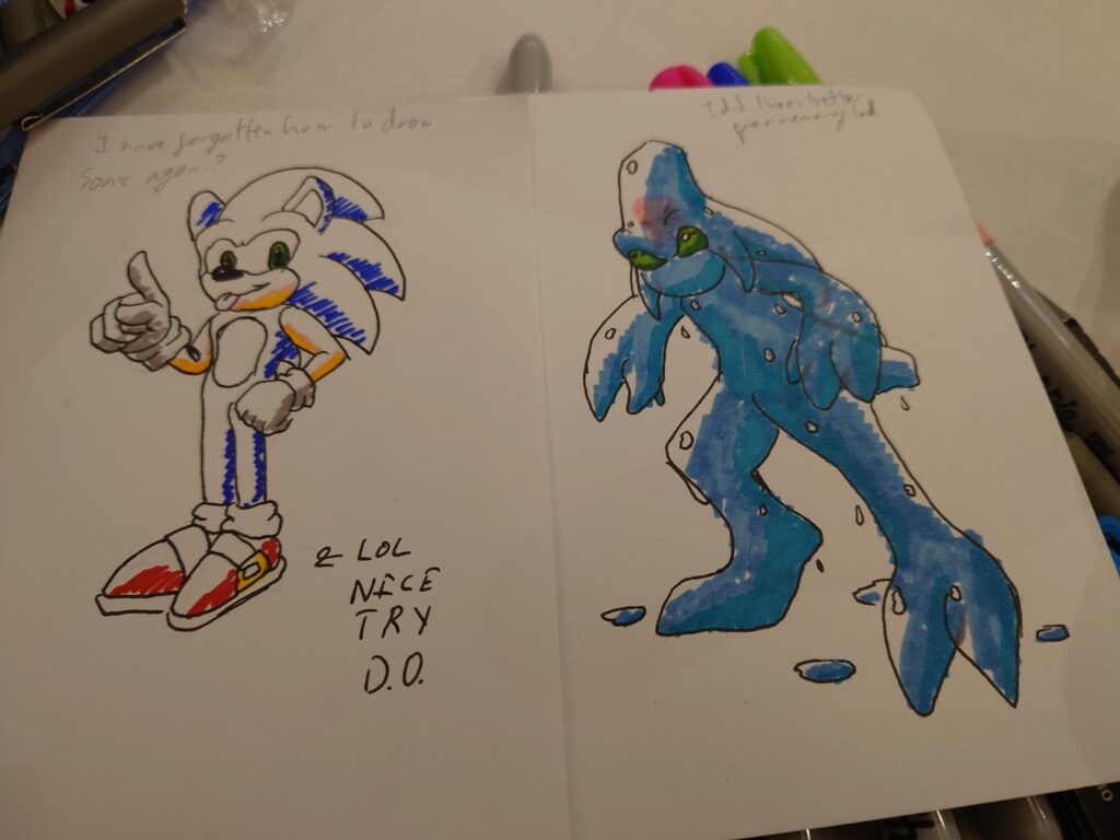 Traditional art by DarkOverord of Sonic the Hedgehog and Chaos, you can tell it doesn't normally do traditional art