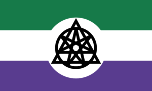 Nonhuman Unity Flag - Green, white, and purple horizontal tricolour charged with a white circle containing a black regular {7/3} heptagram, a black circle, and a black equilateral triangle overlaid on top of one another.