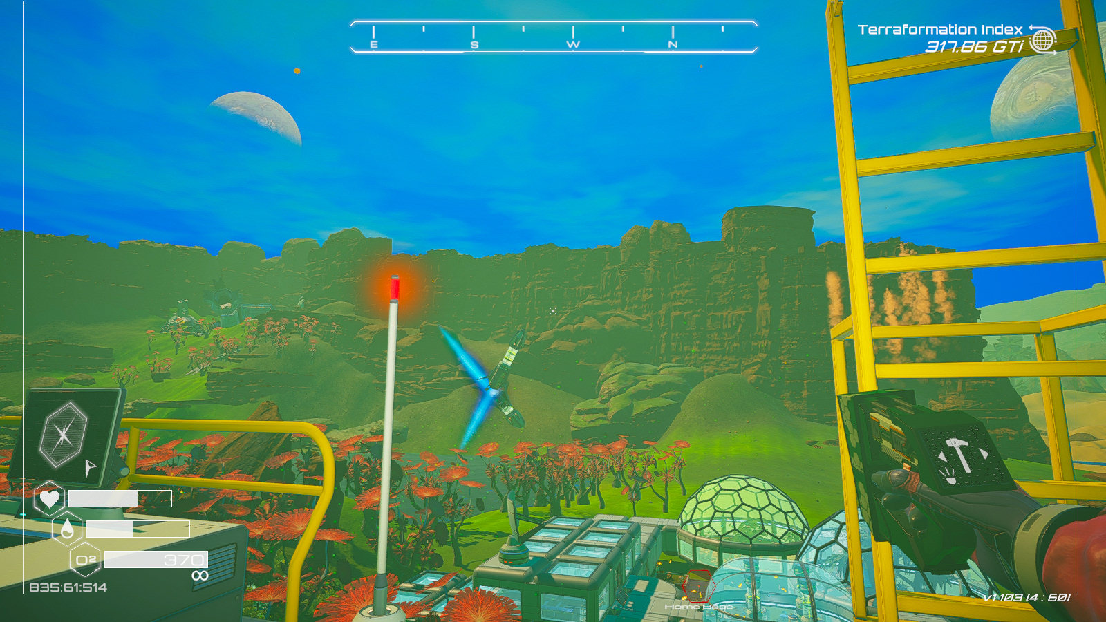 A screenshot of The Planet Crafter where there are three rockets firing off against a cliff tangled with one-another, instead of going to space