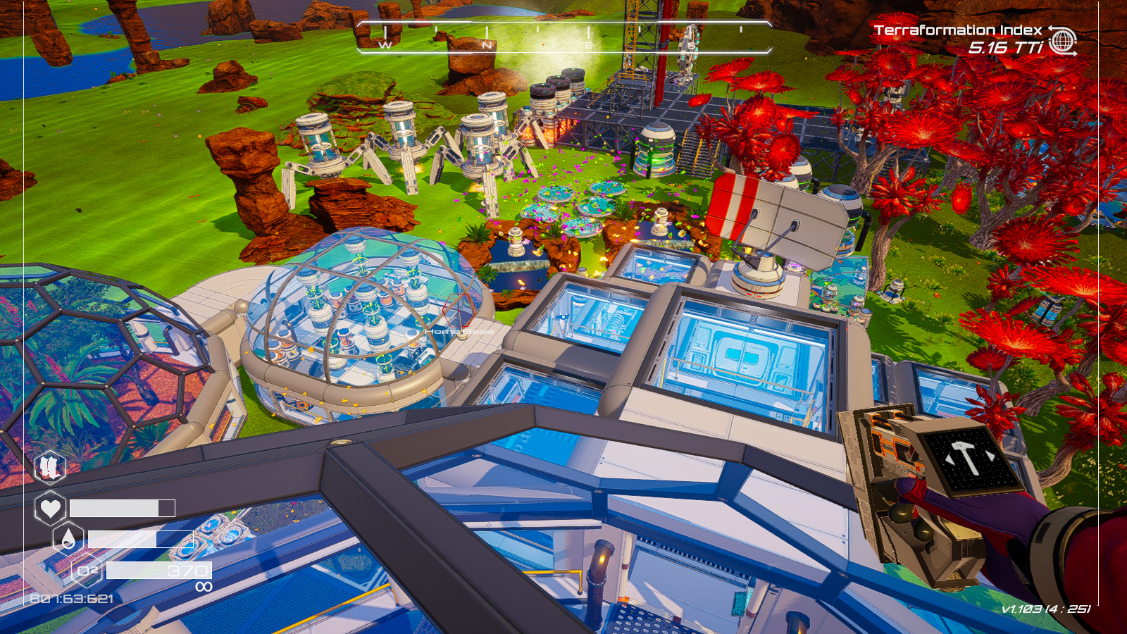 A screenshot of The Planet Crafter at the end of the game, the player looking down on their complicated but colourful base