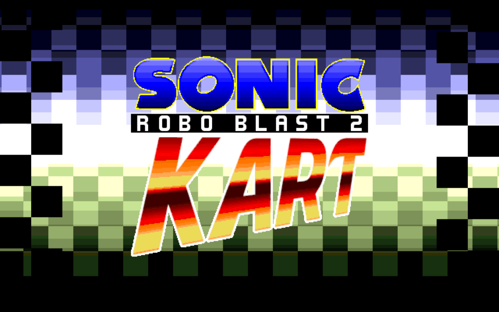 Title Screen for Sonic Robo Blast 2 Kart, featuring a chequered flag background with the logo above it