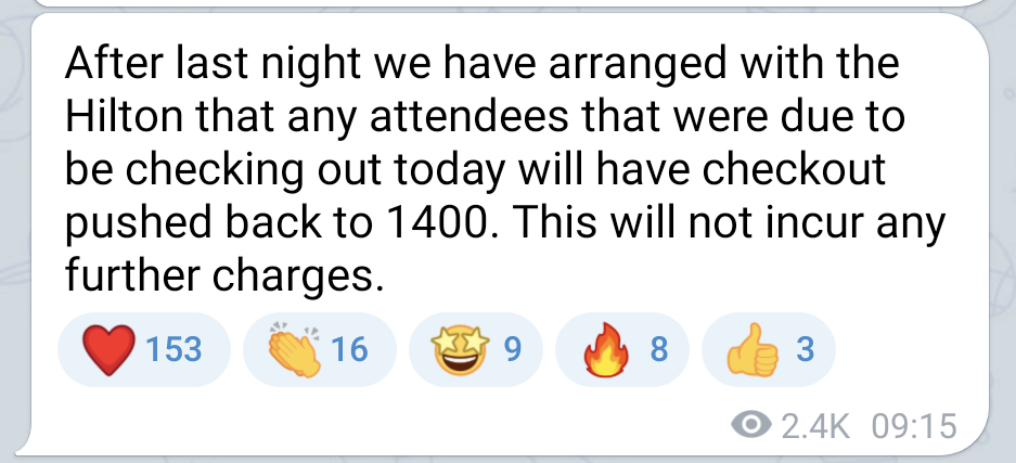 A screenshot from Confuzzled's announcements channel that says "After last night we have arranged with the Hilton that any attendees that were due to be checking out today will have checkout pushed back to 1400. This will not incur any further charges."