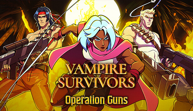 Logo and key art for Vampire Survivors: Operation Guns featuring from left to right: Lance Bean (from Contra), Zi'Assunta Belpaese (from Vampire Survivors) and Bill Rizer (from Contra)