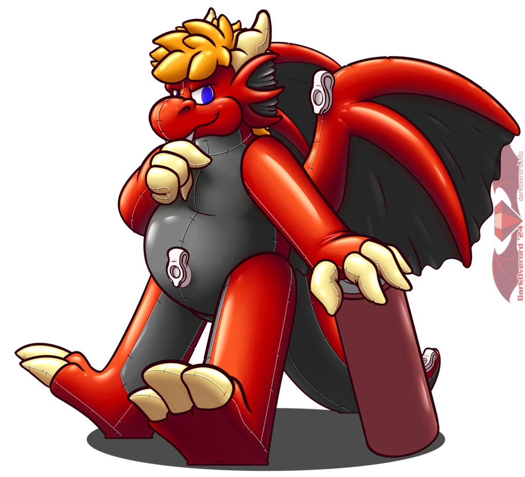 A red anthropomorphic inflatable dragon toy looks mischievously at the viewer, its right hand against its chin as if to look like its pondering something. Its leaned back, balancing on its tail as well pivoting slightly on its paws, while under its left hand it balances some form of unknown canister.