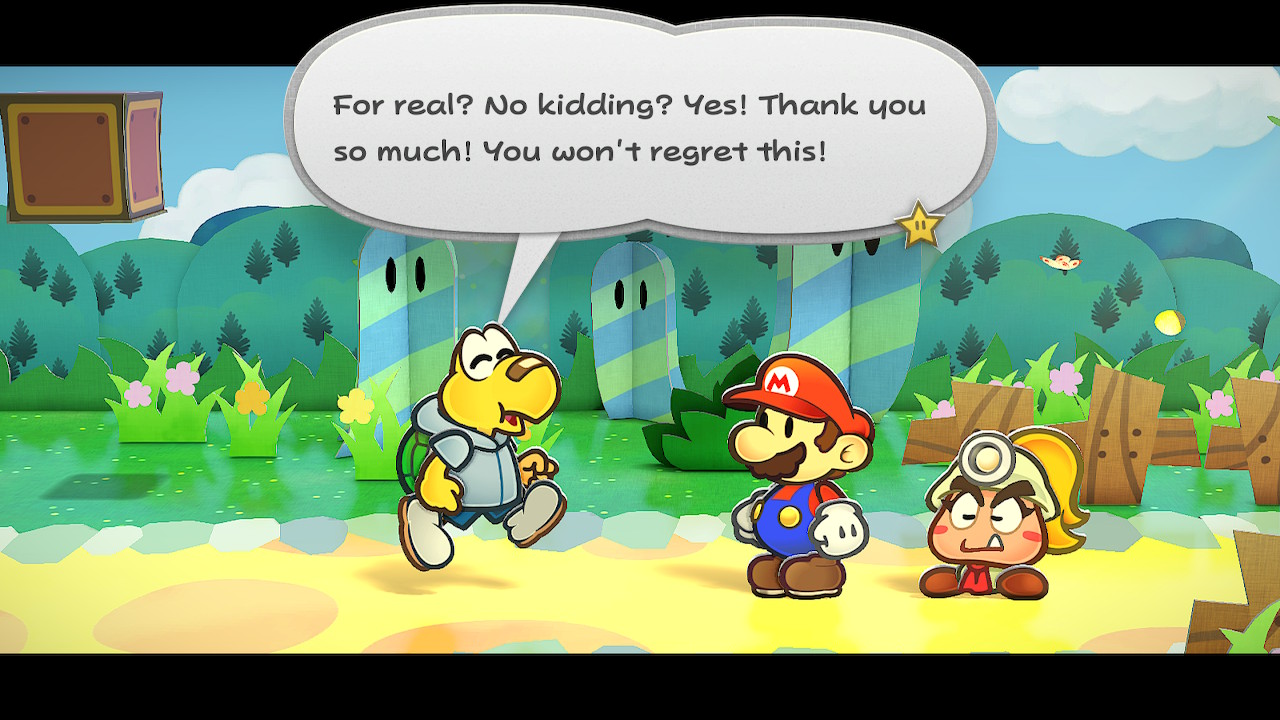 A screenshot of Paper Mario: The Thousand-Year Door Switch Remake, as Mario and Goombella face an excited Koops who says "For real? No Kidding? Yes! Thank you so much! You won't regret this!"