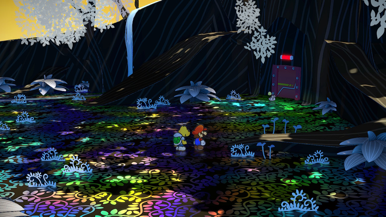 A screenshot of Paper Mario: The Thousand-Year Door Switch Remake, as Mario and Koops look at The Great Tree, the area has a slightly polychromatic effect in the floor