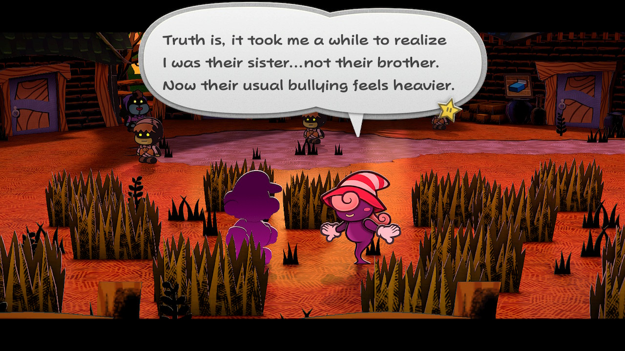 A screenshot of Paper Mario: The Thousand-Year Door Switch Remake, Mario (but as a purple silhouette) talking to Vivian who says "Truth is, it took me a while to realise I was their sister... not their brother. Now their usual bullying feels heavier"