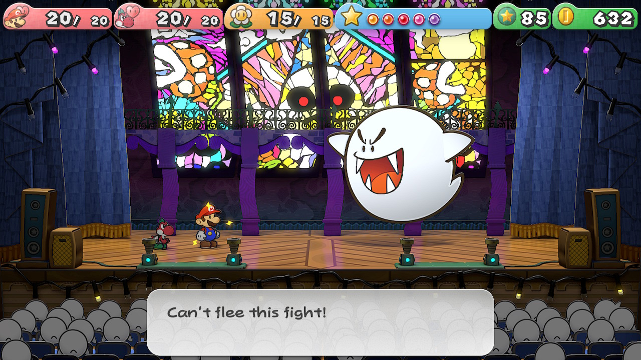 A screenshot of Paper Mario: The Thousand-Year Door Switch Remake, Mario and the Yoshi Kid up against the Atomic Boo. In the background is a balcony in front of a massive stained glass art of Doopliss and some Piranha Plants.