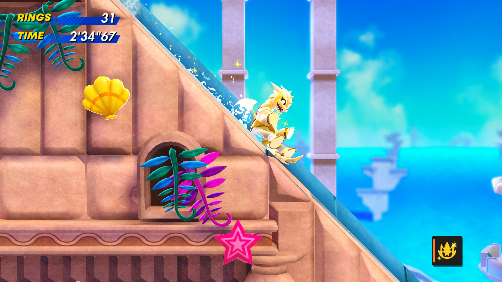 A screenshot of Sonic Superstars featuring Super Trip sliding down a water slide.