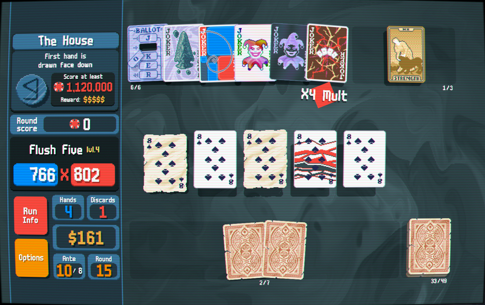 A screenshot of Balatro of the player playing a "Flush Five of a Kind", all consisting of five 8 of Spades