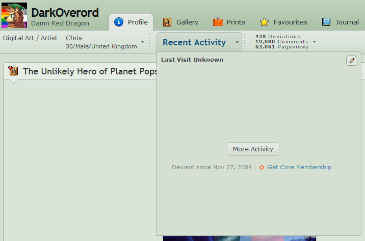 An older screenshot of DarkOverord's deviantART page, showing they registered on the 27th of November 2004