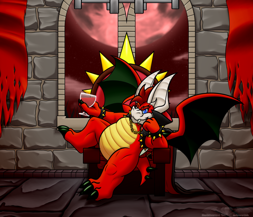 A red koopa (like Bowser) sits in a large chair sideways, one leg thrown over the arm rest. It has large wings and instead of horns there's a pair of large pallid ears, and its snout is slightly vampire bat like. In addition to this it has two very long fangs. It has a cape on with a large collar that is partly obscuring its head and is visible sticking out from its right side, while the rest of the cape drapes down over the side of the chair and along the floor. Its left arm rests on an armrest while it leans its cheek. In its right arm, a little outstretched, is a wine glass with a mysterious red liquid in, more than likely not wine.