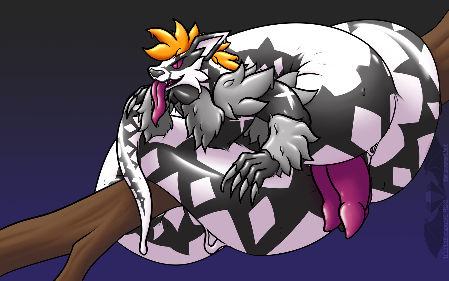 A goopy rubber Obstagoon/Naga hybrid with four arms bundled up on a thick tree branch. Its coils wrapped around the branch. It has a mischievous grin as it looks at the viewer, resting its head on it's top hands as its tongue lolls out of its mouth in the typical Obstagoon fashion. Various parts of its body are dripping, with other parts in contact merging slightly. The goopy coils not obscuring a pair of purple cocks.