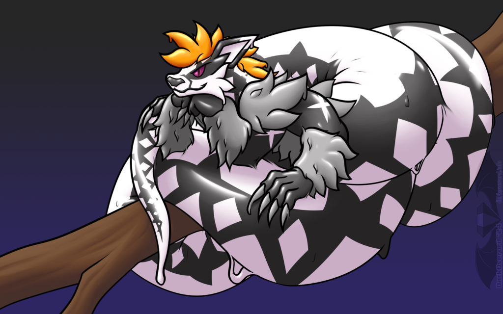 A goopy rubber Obstagoon/Naga hybrid with four arms bundled up on a thick tree branch. Its coils wrapped around the branch. It has a mischievous smirk as it looks at the viewer, resting its head on it's top hands. Various parts of its body are dripping, with other parts in contact merging slightly.