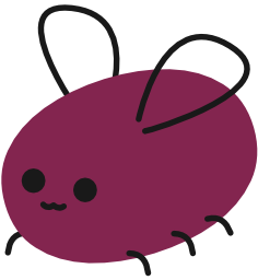 Eggbug, a squished purple toned squircle that has small doodle limb legs and wings, with a cute ":3" face