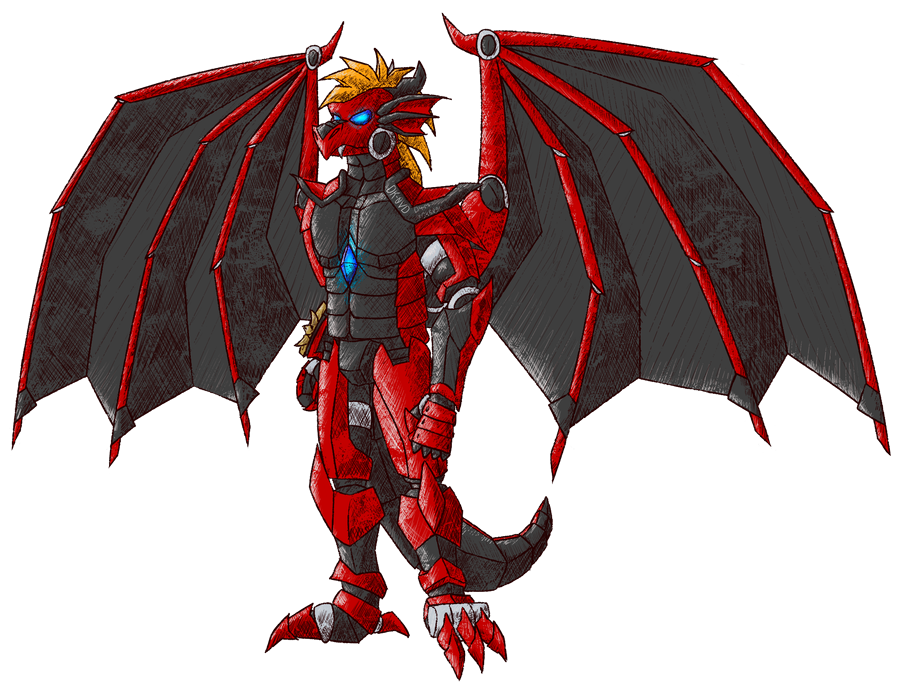 Art of DK-0VD-D4M-C40000, a red robot dragon based on DarkOverord