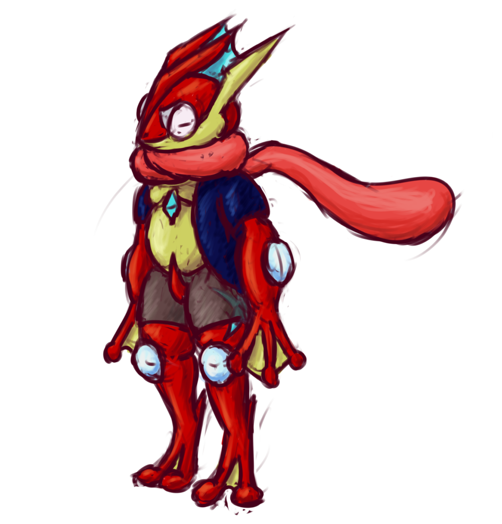 A red greninja, wearing navy blue shirt and and grey shorts. Its a little chubby and has, notably, a cyan gem in its chest, not purple.