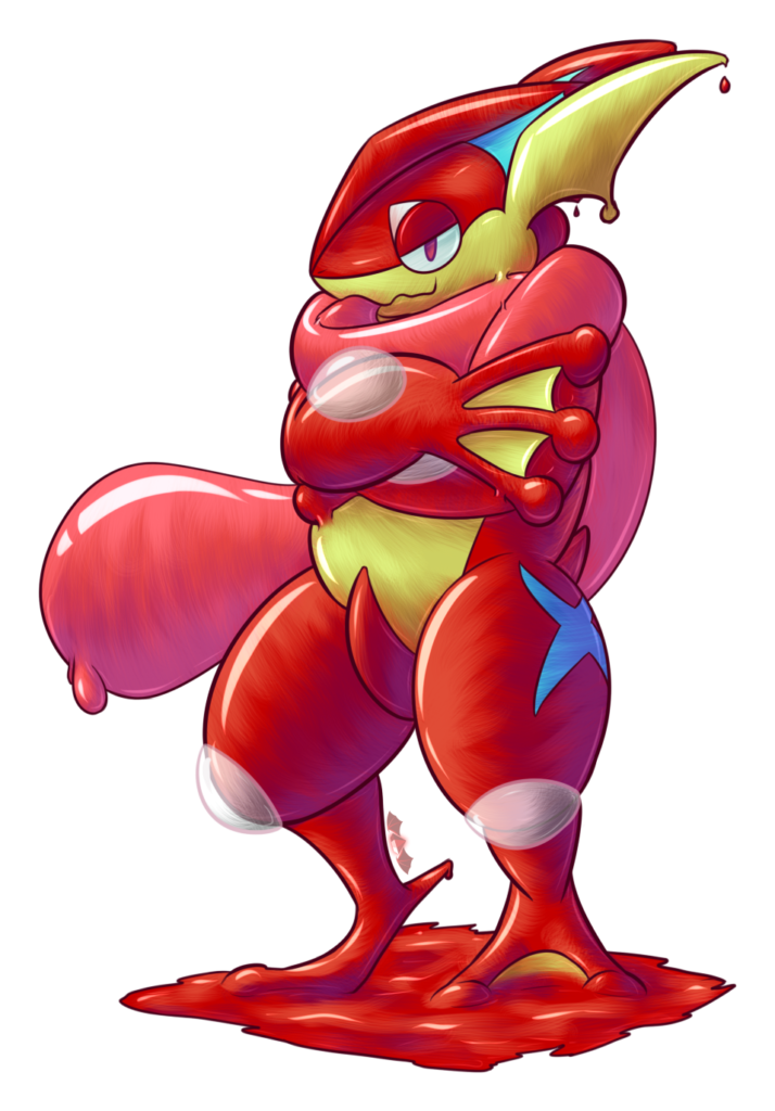 A red goo greninja with it's arms golded, looking very drippy with its goo pooling under it