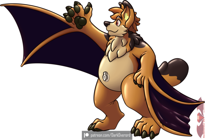 Coloured art of an inflatable bat-coyote hybrid looking to the side at their shiny wing, admiring their form