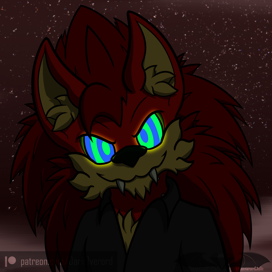 A red vampire hedgehog, mostly shrouded in night time darkness, with an ominous dark red sky behind it. It is smiling maliciously at the viewer, its eyes glowing with hypnotic patterns, fixed on the viewer.