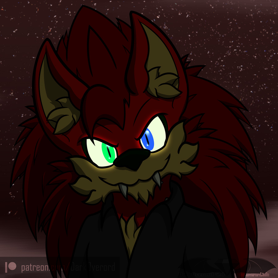 A red vampire hedgehog, mostly shrouded in night time darkness, with an ominous dark red sky behind it. It is smiling maliciously at the viewer, its eyes glowing, fixed on the viewer.