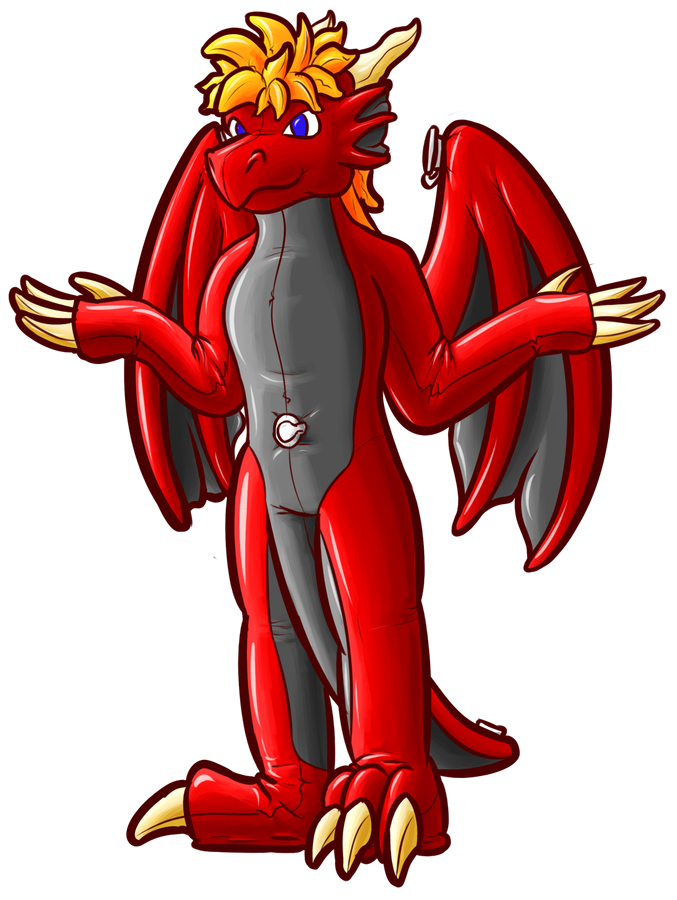 A red inflatable toy dragon with a black underbelly in what looks to be mid shrug