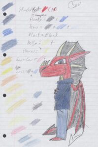 Traditional art from 2005 of the first design for "DarkOverord", then just "a dragon" They're a red dragon with no horns, but a frill running along their head. They're wearing a blue hoodie and blue jeans. They have spikes on their snout and their tail has webbing as well.