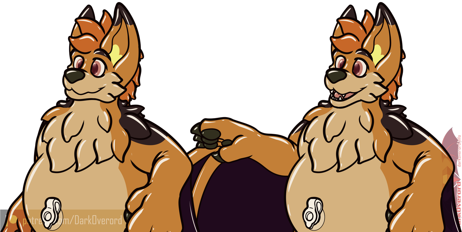 Two images of an inflatable bat-coyote hybrid, Kay. On the left they're not speaking looking relaxed. On the right they're speaking with their right arm up